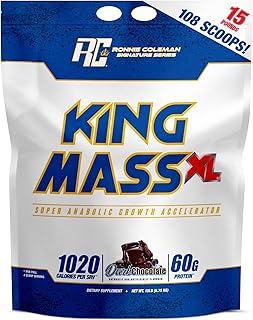Ronnie Coleman Signature Series King Mass XL Mass Gainer Protein Powder, Muscle Gainer, 60g Protein, 180g Carbohydrates, 1,000+ Calories, Creatine and Glutamine, Dark Chocolate, 15 Pound