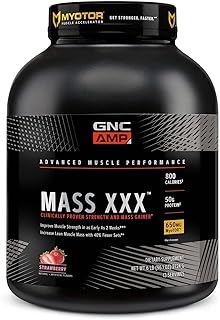 GNC AMP Mass XXX, Clinically Proven Weight Gainer Protein Powder, Improves Strength and Size, 780 Calories, 50g Protein, Micronized Amino Acids, Creatine, Betaine, Strawberry, 13 Servings, 6 Pounds