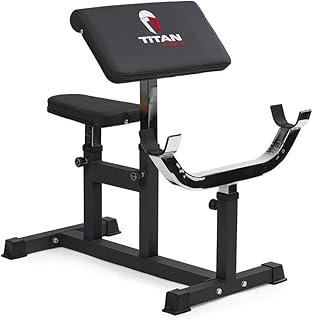 Titan Fitness Adjustable Preacher Curl Weight Station, 250 LB Capacity, Adjustable Bench Seat, Adjustable Arm Rest, Durable Bar Catches, Seated Home Gym Barbell and Dumbbell Biceps Station