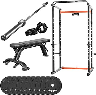 METIS Complete Gym Equipment Set - 1x Power Cage, 1x Olympic Barbell, 1x Weightlifting Bench, 2X Barbell Locking Clips, 2X 5kg, 10kg, 15kg, 20kg & 25kg