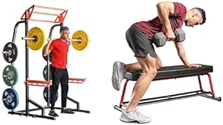 Sunny Health & Fitness Power Zone Half Rack Heavy Duty Performance Power Cage with J-Hooks, Adjustable Pull Up Bar Optional Bench with Dumbbell Rack, Premium Incline Bench, LAT Pull Down Attachment