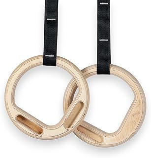 Climbing Gymnastics Rings - Wooden Gym Rings with Hangboard Pockets - 28mm Thick Rings with 5 Metre Adjustable Straps with Sewn-in Height Markings - Premium Birch Wood
