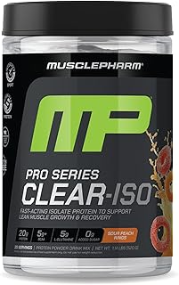 MusclePharm Pro Series Clear-ISO, Clear Protein Powder, 20g Fast-Acting Whey Isolate per Serving Plus BCAAs & L Glutamine | Pro-Grade Muscle Recovery & Growth | Sour Peach Rings, 1.14 lb, 20 Servings