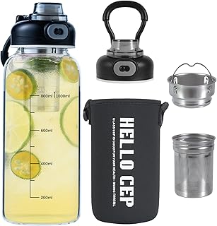 34oz tea bottle with infuser - Large Capacity Glass Water Bottle, With Time Mark, Stainless Steel Tea Strainer,Sleeve, BPA Free,For hot or cold drinks, coffee, tea and water