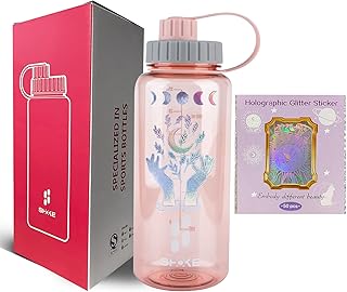 SHOKE Sport Water Bottle 1L 32oz Wide Mouth for Hicking (pink+50pcs stickers)
