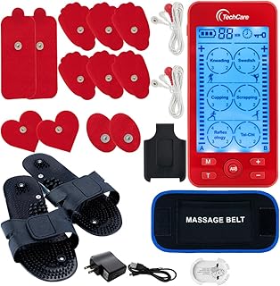 TechCare Plus 24 Modes Tens Unit Muscle Stimulator Massager Rechargeable Unit Electric Complete Set + Massage Belt + Reflexology Shoes Back Neck Pain (Red)