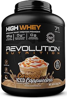 Revolution Nutrition, High Whey, Protein Powder 6LB, Whey Isolate, Gluten Free, Lean Muscle Mass for Men & Women, 25g of Protein Per Scoop, 2.7kg, 73 Servings (Caramel Iced Cappuccino, 6 Pound)