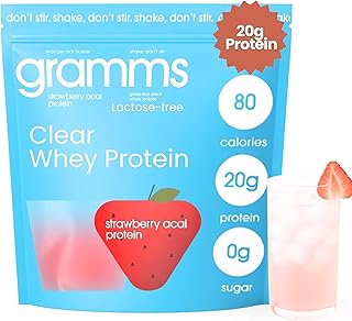 GRAMMS Clear Protein Powder 20G Protein for Women & Men | Grass-Fed Whey Isolate, Zero Sugar, Zero Lactose, Non-Bloating, Non-GMO (18 Servings) (Strawberry Acai)