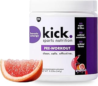 Kick Pre Workout Powder, Grapefruit Flavor, 30 Servings, L Theanine, Amino Acids, L Glutamine, and Caffeine to Support Energy & Fitness Performance, No Sugar, No Artificial Sweeteners or Flavors