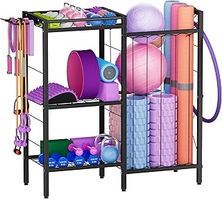 3 Tiers Dumbbells Yoga Mat Storage Rack with Elastic Straps for Kettlebells Foam Roller Resistance Bands Balls, Workout Equipment Organizer Weight Storage Holder with Hooks for Home Gym