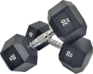 Hex Dumbbells Pair, 2.5kg, 5kg, 7.5kg, 10kg, 12.5kg, 15kg, 17.5kg, 20kg, 22.5kg, 25kg Rubber Encased Hex Dumbbells with Anti-Slip Metal Handle for Home Gym & Strength Training(20 kg x 2)