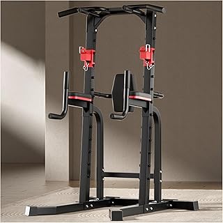 Power Tower Dip Station, Multi-Function Pull Up Bar Station, Barbell Rack, Bench Press, Adjustable Height for Home Gym Strength Training and Full Body Workout(Red Black)
