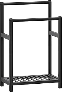 HOOBRO Freestanding Towel Rack for Bathroom, 2 Tier Decorative Bamboo Blanket Rack, Quilt Display Stand with Storage Shelf, 16.5" L x 9.4" W x 30.5" H, Bedroom, Living Room, Black BK02LB01