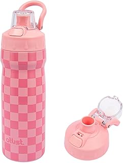 Kids Water Bottle with Straw 18 oz - Stainless Steel Insulated Tumbler for Gym & Bike (Fits Holders) - Leak Proof Pop-Up Lid, 2-in-1 Sip or Chug, Handle & Cute Pink Checkered Print