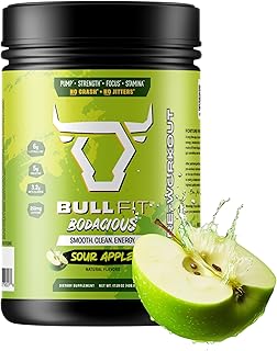 BULLFIT Pre Workout Powder, Support for Men & Women, L Citrulline, Creatine, Beta Alanine & Electrolytes, Powdered Drink Mix with No Sucralose & Zero Sugar, 20 Srvgs (20 SRV, Sour Apple)