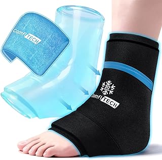 ComfiTECH Dual-Gel Ankle Ice Pack Wrap with Extended 30-Minute Cooling, Detachable Ice Pack & Flexible Reusable Gel Ice Sleeve Brace for Plantar Fasciitis, Achilles Tendonitis, Sore Feet & Heel, Small