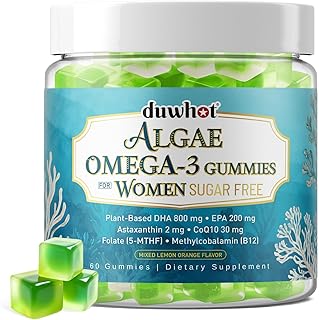 Vegan Omega-3 Gummies for Women, Algae DHA & EPA 1000mg, with CoQ10, Astaxanthin, Fish Oil Supplement Alternative for Adults, Heart & Brain Health, 60 Count