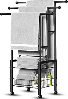 Kayfia 42.7" H Standing Towel Racks for Bathroom with Wheels, Upgraded Large Size 3 Tier Metal Blanket Rack Stand with Shelf and Basket, Storage for Oversized Bath Towels Bathroom Pool Accessories