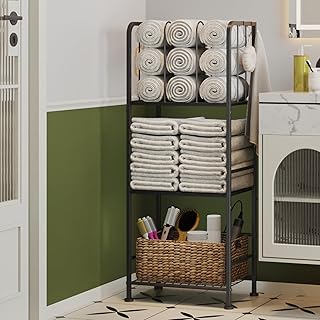 Standing Towel Racks for Bathroom 3-Tier, Durable Metal Towel Rack Stand, Pool Items Holder, M-Shaped Detachable Dividers for Towel Storage, Space-Saving Storage Organizer Black, Patent Pending