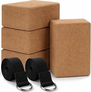 Leitee 6 Pcs Cork Yoga Blocks with Straps 9 x 6 x 4 Inch Cork Yoga Brick 8.2 FT Strap Non Slip High Density Bricks Exercise Blocks for Physical Stretching Flexibility Balance Fitness Pilates