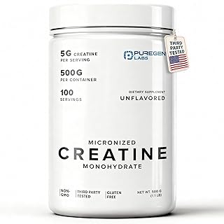 Puregen Labs Micronized Creatine Monohydrate Powder 500g – Pure, Unflavored, No Additives | 5000mg Per Serv (5g) - 100 Servings | Third Party Tested for Quality