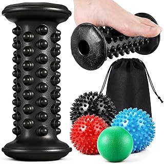 Lewtemi Massage Ball and Foot Roller, 3-in-1 Set with Spiky Ball Lacrosse Balls Massage Roller Carrying Bag, Foot Massager for Plantar Fasciitis Relief Muscle Pain