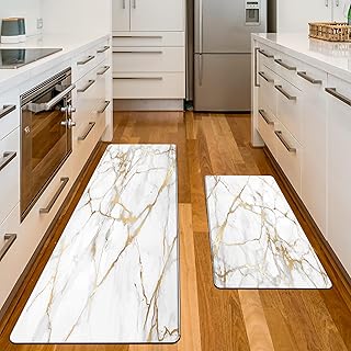White Gold Marble Kitchen Rugs Sets of 2 Anti Fatigue Mats for Kitchen Floor Waterproof Non-Slip Kitchen Mat for Home Office Laundry (White Gold, 17"x29.5"+17"x47.2")