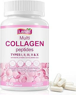Multi Collagen Peptides for Women & Men, Hydrolyzed Types I II III V X with Biotin & Hyaluronic Acid, Vitamin C Beauty Formula, Hair Skin Nails Support, Non-GMO, 240 Capsules