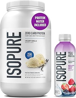 Isopure Zero Carb 100% Pure Whey Isolate Vanilla Protein Powder 3 Lbs + 1 Bottle of Clear Protein Water with Electrolytes, 15g Whey Protein Isolate, Zero Sugar, Mixed Berry, 20 fl oz Bottle