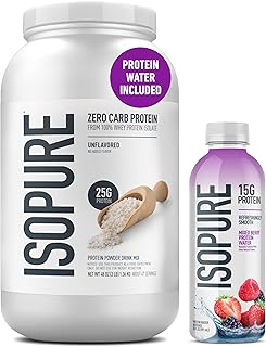 Isopure Zero Carb 100% Pure Whey Isolate Unflavored Protein Powder 3 Lbs + 1 Bottle of Clear Protein Water with Electrolytes, 15g Whey Protein Isolate, Zero Sugar, Mixed Berry, 20 fl oz Bottle