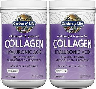 Garden of Life Marine&Grass-Fed Collagen Peptides Powder Supplement (Type I,III) with Probiotics,BCAAs&Hyaluronic Acid for Radiant Hair,Skin-&Nails – Unflavored,20g per serving,12 Servings,(Pack of 2)