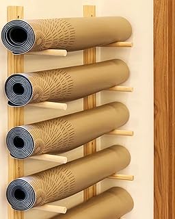 Workout Storage Organizer Wall-Mounted Wooden Yoga Mat Display Stand, Adjustable Home Gym Foam Roller Holder with Tilted Rod, 6/9 - Tier Hanging Storage Brackets