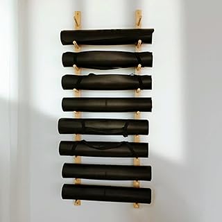 Workout Organizer Holder Natural Yoga Mat Holder Wall-Mounted Foam Roller Rack, Home Living Room Gym Fitness Rooms Wooden Billiard Cue Organizer, Holds 9 Foam Reels