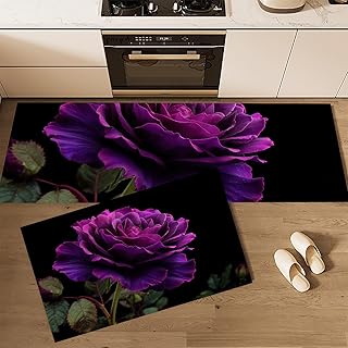 Realistic Flowers Blooming Purple Roses Kitchen Rugs Mats for Floor 2 Piece Kitchen Mats Anti Fatigue Non Slip Cushioned Comfort Standing Mat,20"X 32"+20"X 48"