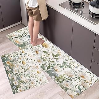 Watercolor Wildflowers Anti Fatigue Kitchen Rug Set of 2 Non Slip Kitchen Mats for Floor Comfort Rugs Elegant Pastoral Style Chef Mats Floor Carpet 20"X30"+20"X59"